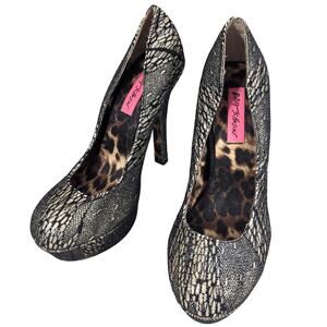 BETSEY JOHNSON! STUNNING GOLD SHIMMER SPARKLE, BLACK NET HEELS, PUMPS! SZ 8.5M